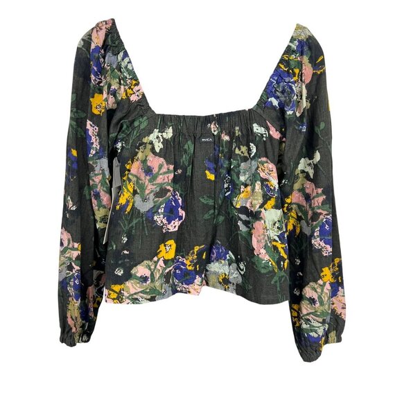 RVCA Black Women Top Blouse Small 8 Floral Sweetheart Cartia Long Sleeve New - Picture 5 of 10